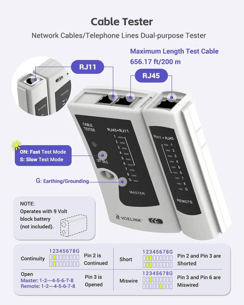 Dual-purpose network cable tester showing RJ11 and RJ45 ports for Ethernet installs, part of the RJ45 Crimp Tool Kit For Cat7 Through Cat5e.