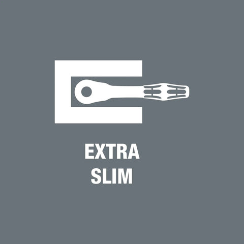 Graphic of extra slim ratchet with text for Compact 28 Piece Zyklop Metric Ratchet Set With One Quarter Inch Drive Switch Lever Ultra Slim