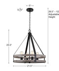 Modern Farmhouse Pendant Chandelier, 4 Light, 24 Inch, Adjustable Height, Open Cage Design with Light Cedar Wood and Black Finish