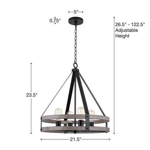 Modern Farmhouse Pendant Chandelier, 4 Light, 24 Inch, Adjustable Height, Open Cage Design with Light Cedar Wood and Black Finish