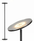 Sky Flux Dimmable LED Floor Lamp with 3 light modes, torchiere design, close-up of lamp head and full view displayed.
