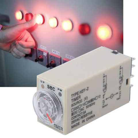 Adjustable Time Relay H3Y with transparent dial and heavy duty brass terminals, used for delay wiring in industrial applications.