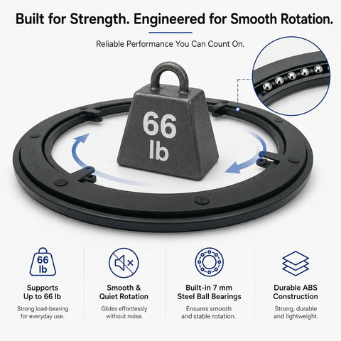 Smooth Operator Heavy Duty Lazy Susan Turntable features a weight of 66 lbs, demonstrating sturdy ABS construction and smooth rotation.