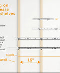 Installation guide for Wall Floating Shelves on drywall, shows measurement and stud placement with 16" spacing.