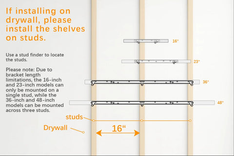Installation guide for Wall Floating Shelves on drywall, shows measurement and stud placement with 16" spacing.