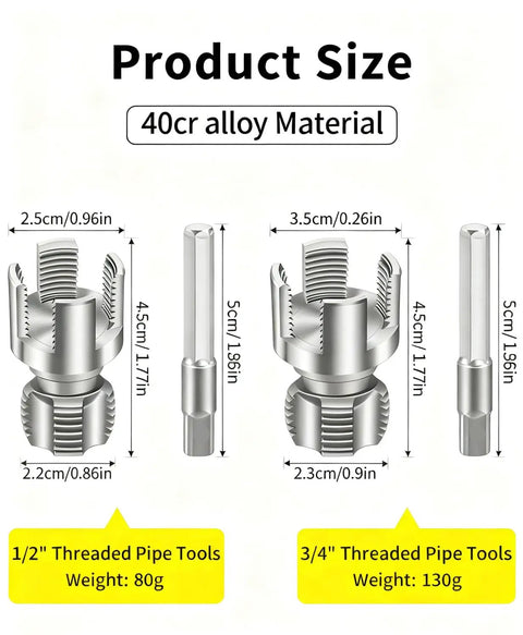 Electric Drill PVC Pipe Threader Kit dual internal and external threading tools for 1/2 inch and 3/4 inch pipes, alloy material