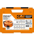 Pro Grade Molding And Profile Router Bit Set Boasting Four Inch Diameter One Quarter Bore Aluminum Cutterhead With Razor Sharp M2 Steel Knives For Hardcore Cuts On Raised Panel Rail Stile Tongue Groove And Cove Bead Work in orange case with 13 knife pairs.