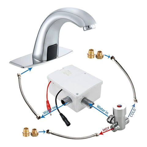 Touchless Sensor Bathroom Sink Faucet With Hole Cover Plate, Brass Automatic Tap, Temperature Mixer, Hoses, Adapters
