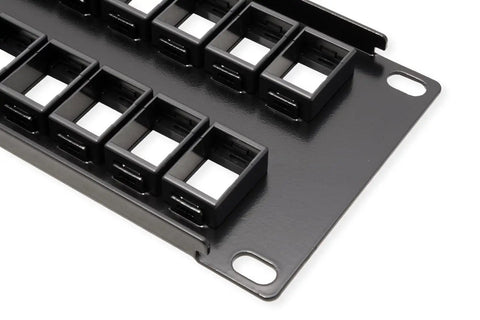Top Shelf 48 Port Blank Keystone 2U Patch Panel, 19 Inch Metal Rackmount Housing, black keystone sockets for connections.