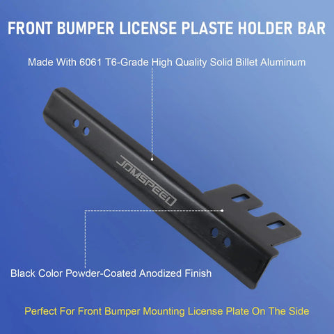 Rugged 6061 Billet Aluminum Front Bumper License Plate Relocator Bracket Mount Bar with black powder-coated finish.