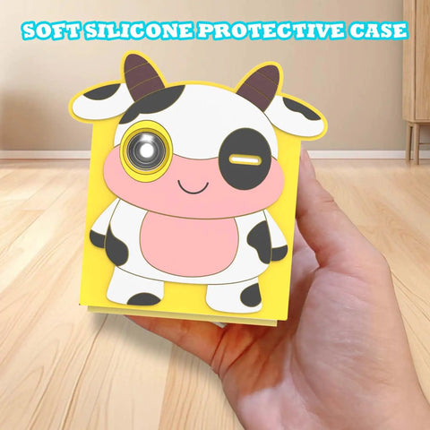 Sweet Soft Silicone Case for Nex Playground Game System with cow print design being held in hand on wooden surface.
