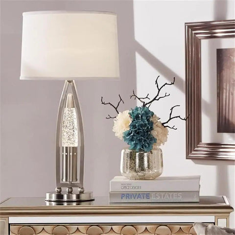 Ultra Modern Table Lamp With Sparkling Water Droplet Dance Night Light, Satin Nickel Finish, Glass And Metal Frame On Table