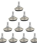10 Pack Heavy Duty Stainless Steel Adjustable Furniture Leveling Legs With Swivel Base arranged in a triangle shape on white background.