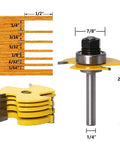 Built Tough One Quarter Inch Shank Slot Cutter Router Bit Set With Six Precision Groove Cutters And Teflon Coated Tungsten Carbide Blades For Flawless Woodworking and detailed measurements, with groove depth markings.