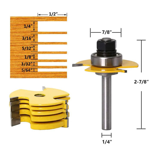 Built Tough One Quarter Inch Shank Slot Cutter Router Bit Set With Six Precision Groove Cutters And Teflon Coated Tungsten Carbide Blades For Flawless Woodworking and detailed measurements, with groove depth markings.