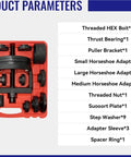 Pro Grade Wheel Hub Bearing Removal And Installation Tool Kit 21 Piece Set in case with visible components and list of parts
