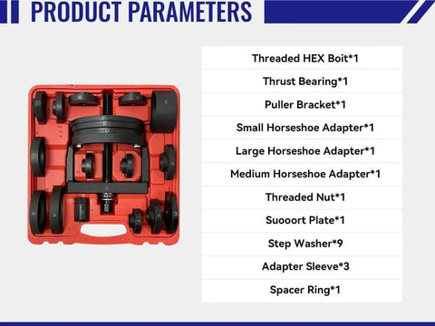 Pro Grade Wheel Hub Bearing Removal And Installation Tool Kit 21 Piece Set in case with visible components and list of parts