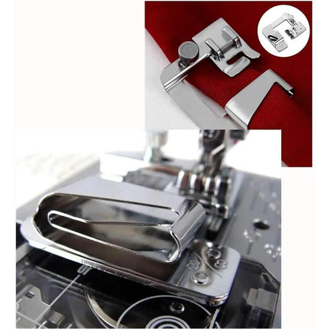 Universal Sewing Machine Presser Feet Set For Home Electric Models With Zipper Foot Binder Attachment and Overlock Presser, showing stainless steel zipper binder foot.