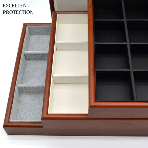 Super Dope 24 Grid Jewelry Organizer Tray Designed For Keeping Necklaces Rings Bracelets Makeup Brushes Keys And Wallets Securely Tucked Away Daily, showcasing compartments in grey and beige fleece.