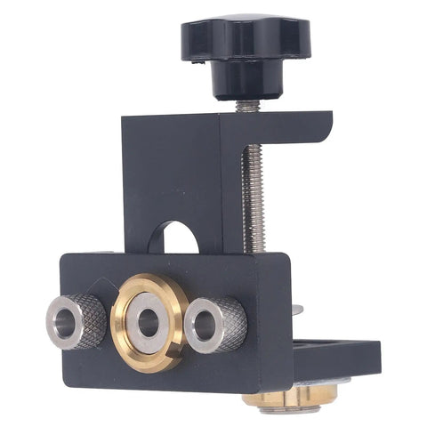 Hella Sturdy Aluminum Dowel Jig and Pocket Hole Drill Guide Kit for Rapid Woodworking with detailed drill guide fittings.
