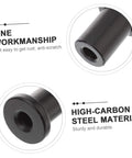 Close-up of black high-carbon steel barn door spacers showcasing fine workmanship for 5 Pack Sliding Barn Door Spacers, Heavy Duty Hardware Kit, Easy Install, Wall To Track Spacing Shims For Farm, Garage, Basement Doors, Durable Construction Keeps The Gap Right And Alignment For Smooth Quiet Sliding And Long Lasting Performance.