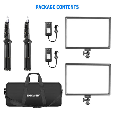 Package contents of Two Pack 13 Inch LED Video Light Panel Kit Bi Color Dimmable With Tripod Stands 4000mAh Battery 3200K To 5600K CRI 97 Plus USB For Studio Streaming And YouTube Content Pro Grade Lighting