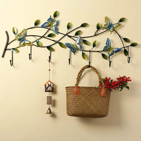 Wall Mounted Coat Rack With Seven Sturdy Hooks Entryway Organizer For Jackets Keys And Bags Zero Hassle Install And Sleek Finish, decorative design with butterflies.