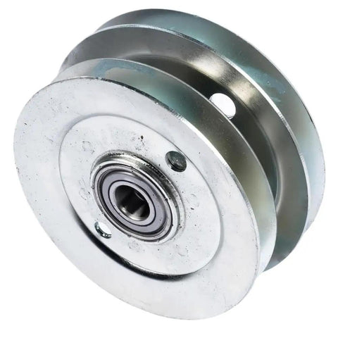 Premium Double Deck Drive Belt Tightener Pulley for 48 or 54 Inch Mower Decks with smooth silver finish.