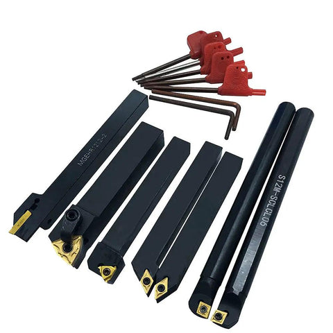 Pro Grade Indexable Lathe Turning Tool Set With Half Inch Shank 7 Carbide Tool Holders Includes Inserts and Wrenches