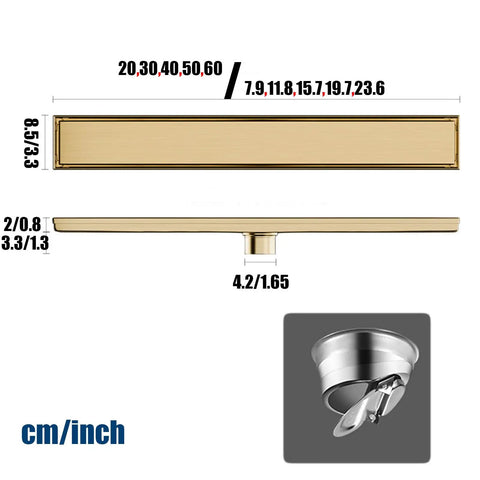 Zero Sweat Linear Shower Drain With Beefy 304 Stainless Steel Brushed Finish And Reversible Cover For Seamless Tile Installs measuring 60cm.