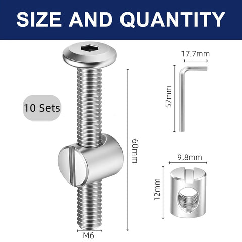 Flat Head Socket Head Cap Screws M6 X 60mm With Barrel Nuts And Allen Wrench Set For Furniture Assembly Durable Carbon Steel