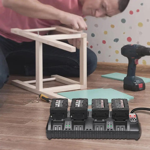 N18 Four Port Fast Charger for Milwaukee M18 18V batteries in use during a woodworking project with tools visible.