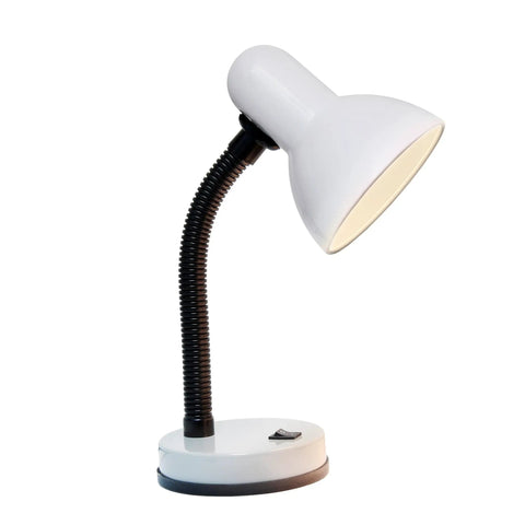 Basic Metal Desk Lamp With Flexible Hose Neck In White Finish, The Everyday Work Buddy For Office, side view with light on