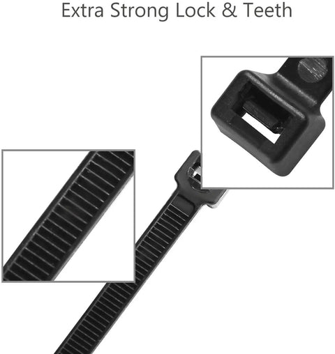 Close-up of Heavy Duty 18 Inch Zip Ties 100 Pack Nylon Cable Ties With 175 Lb Tensile Strength Outdoor UV Resistant Black teeth and lock