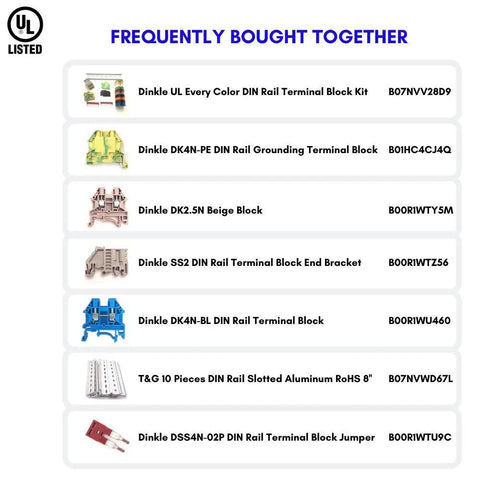 List of frequently bought together DIN rail components and terminal block kits with product codes and images