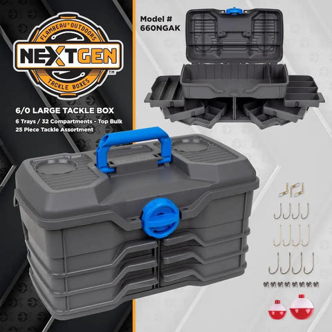 Next Gen 6 0 Large Fishing Tackle Box With 6 Pivot Trays And 32 Compartments Includes 25 Piece Starter Tackle Kit Dark Gray