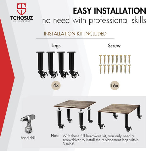 Installation kit with 4 Beefy Adjustable Metal Furniture Legs With Casters 12 To 18 Inch Set Of 4 Heavy Duty Bed Frame Center Slat Support DIY Replacement Feet For Cabinet Sofa Couch TV Stand Black, screws, and hand drill.