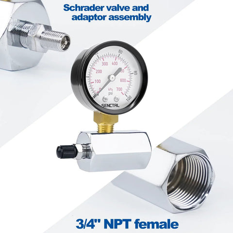 SENCTRL gas pressure test gauge, 2-inch dial, 0-100 psi, 3/4-inch FNPT connection, brass valve, chrome-plated steel body