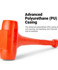 Dead Blow Hammer 30 Inch 9 Pound With Shock Absorbing PU Core Non Marring Steel Shot Fill Reducing Rebound Bright Orange Handle For Easy Visibility Pro Grade Workhorse Strikes, close-up on bright orange non-marring surface.