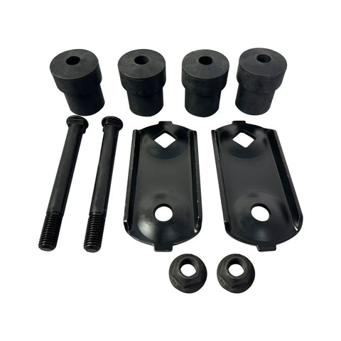 Beefed Up Rear Spring Shackle And Bushing Kit For 1968 To 1981 Camaro And Firebird 2 Piece Set Easy Install Durable Leaf Spring Hardware Part MCS1020 Durable Upgrade For Long Lasting Performance And Easy Fit with bushings, shackles, and bolts visible