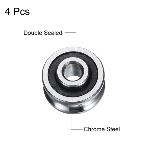 Close-up of double sealed chrome steel 4 Pack SG15 U Groove Track Guide Bearings 5x17x8mm U Groove Roller Wheel