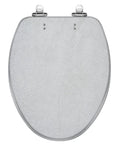 Elongated Retro backgrounds Toilet Seat from a top view, sturdy resin material with chrome hinges, soft-close feature.