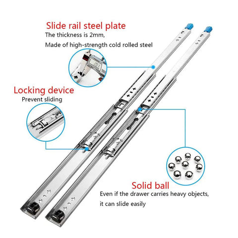 Pro Grade Ball Bearing Drawer Slides, Full Extension Side Mount Runners With Steel Lock, Silky Smooth Roll For Kitchen Rehab Or Garage Build Out, Cold Rolled Heavy Duty Glides, 54 Inch Pair with locking mechanism and solid ball bearings.