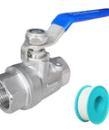 Front view of 3/4 in full-port 304 stainless steel ball valve with blue lever and female NPT threads.