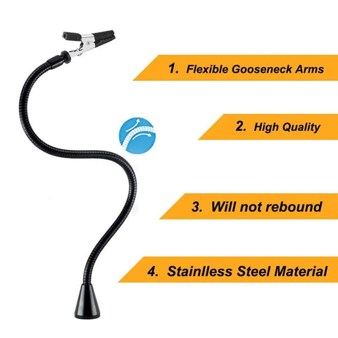 Adjustable gooseneck arm of Soldering Desk Magnifier With Heavy Duty Base Adjustable Swivel Arm 5 Diopter Real Glass Lens Three Color LED Modes PCB Circuit Board Holder For Precise Soldering Crafting Electronics Assembly And Hobby Projects