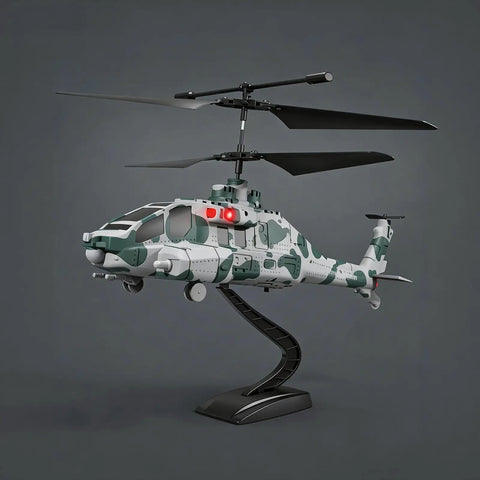 Camouflage RC Helicopter With Military Look, 2.4G 3.5CH on stand, showing missile launch feature and red accent lights.