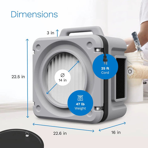 Stackable Portable Air Scrubber And Negative Air Machine dimensions with 3 in height, 22.5 in length, and 16 in width, 47 lb weight.
