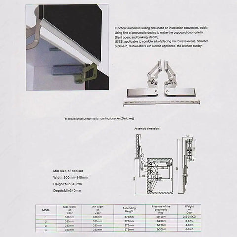 Heavy Duty Hydraulic Vertical Cabinet Door Hinge With Soft Close Flip Up Mechanism And Silent Gas Strut For Kitchen Storage Space Saving Installation - Detailed diagram with dimensions.
