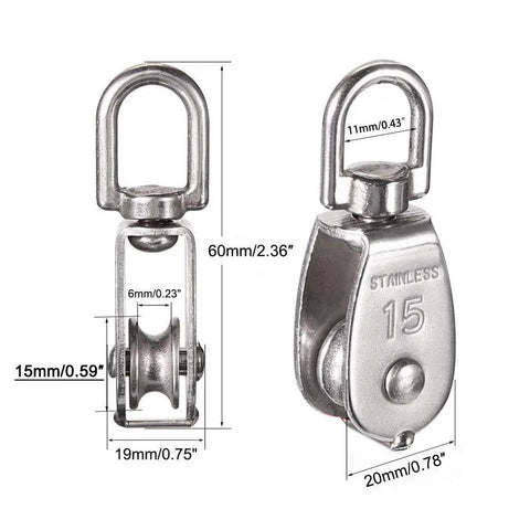 Beefy Heavy Duty Single Pulley Block M15 304 Stainless Steel Swivel Top Ring Lifting Wire Rope Pulley Roller 360 Degree