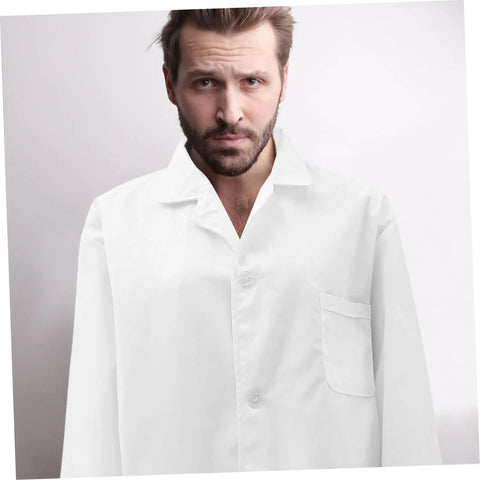 Men's White Lab Coat Long Sleeve Scrub Jacket for Medical Students and Docs, Classic Laboratory Coat front view